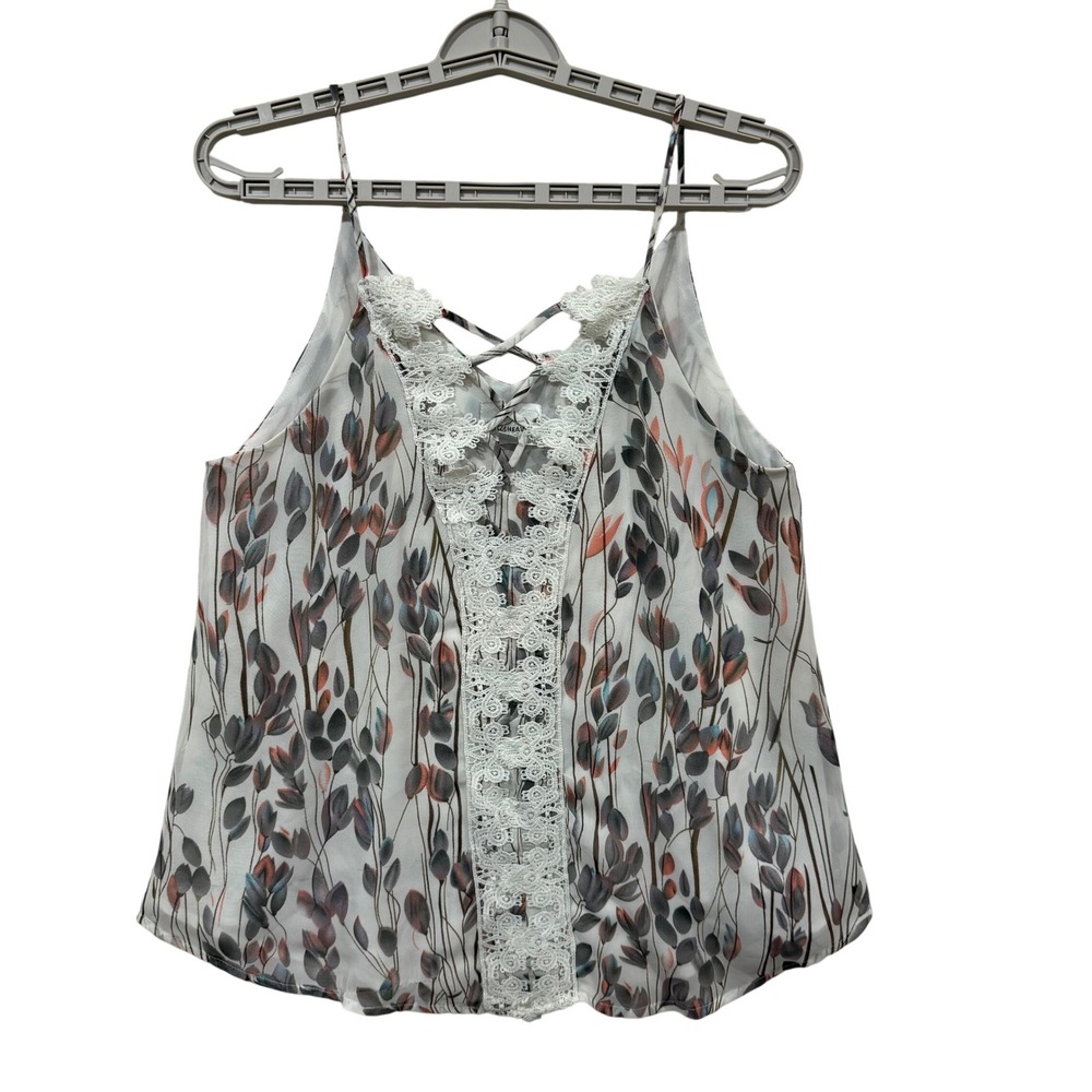 Blu Heaven Women White Botanical Leaf Print Lace Trim Strappy Cami‎ Top Small